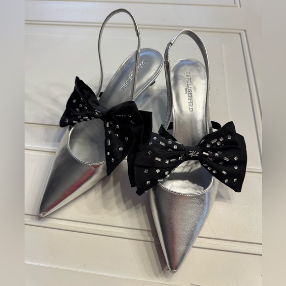 Karl Lagerfeld Shoes - Karl Lagerfeld Women’s Sz 9 SkyLynn Silver Black Kitten Heals Bow Embellished